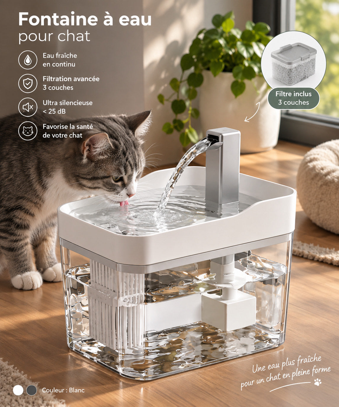 Fontaine à Eau pour Chat avec Filtre Triple Action — Silence Absolu