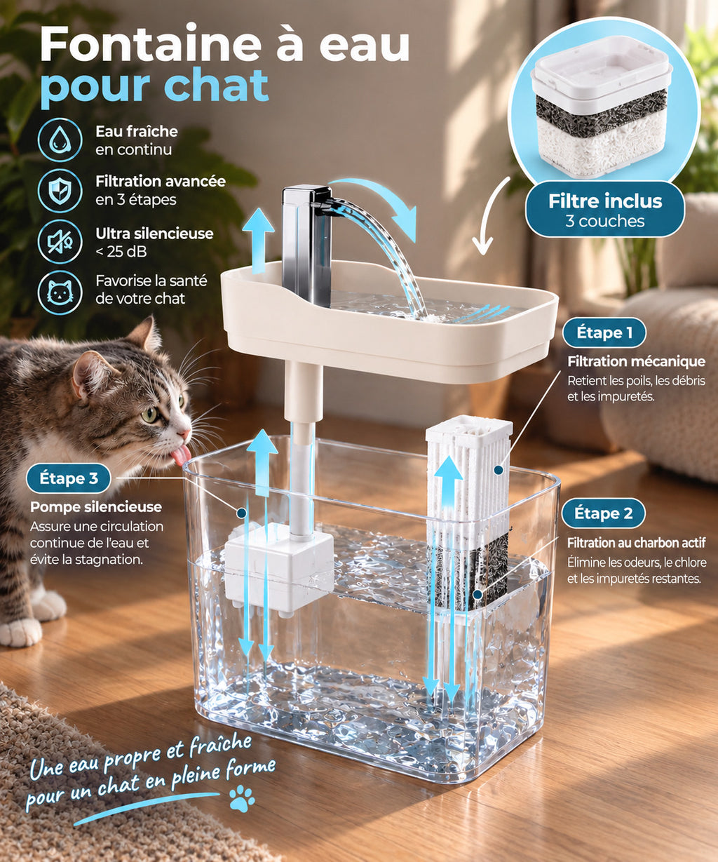 Fontaine à Eau pour Chat avec Filtre Triple Action — Silence Absolu